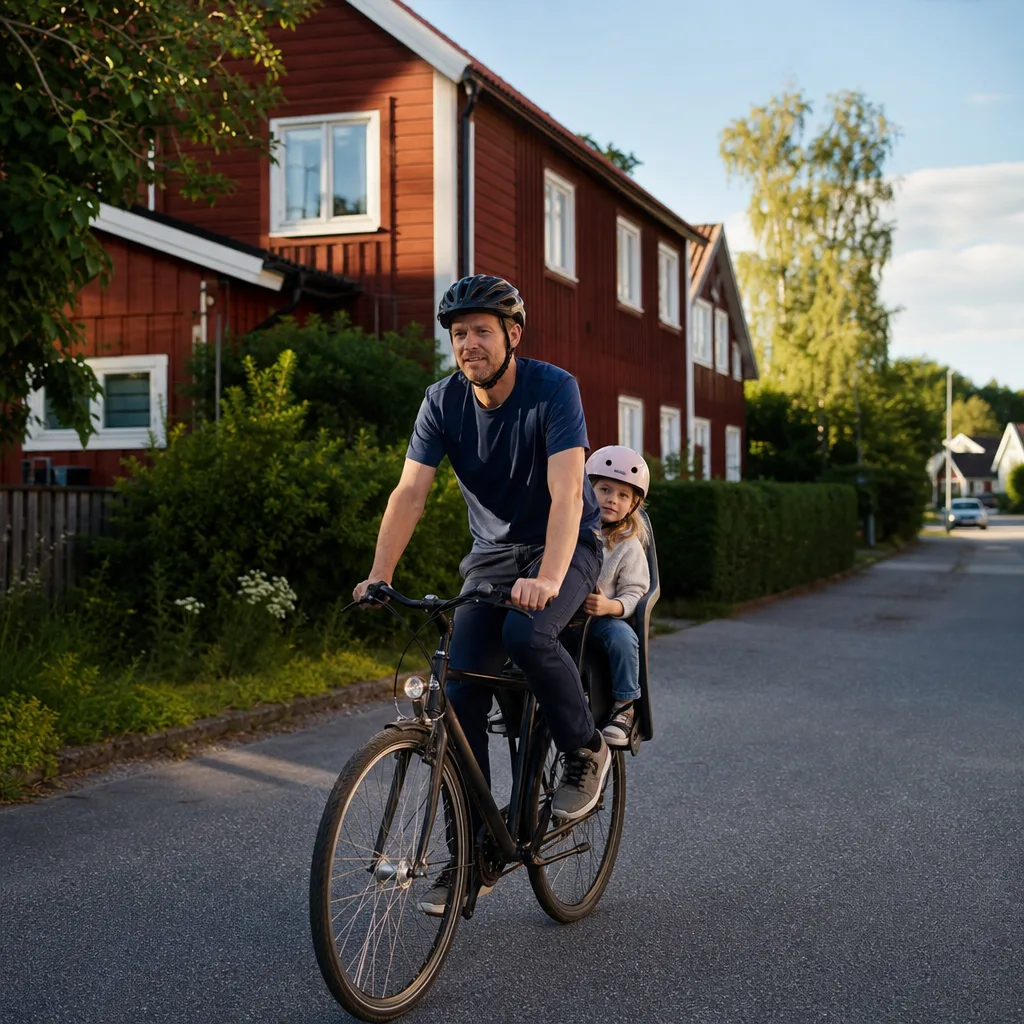 Förälder och barn cyklar i Sverige